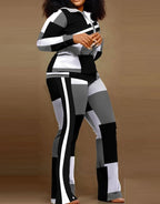 Two Piece Set Women Outfit 2023 Autumn Fashion Geometric Print Stand Collar Long Sleeve Zip Up Top & Casual Sporty Pants Set - Matrix-studios.com