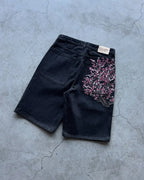 Men Dark Wash Denim Shorts Back Pocket Cherry Blossom Embroidered Loose Fit Knee Length Vintage Streetwear Casual Summer Wear - Matrix Studios