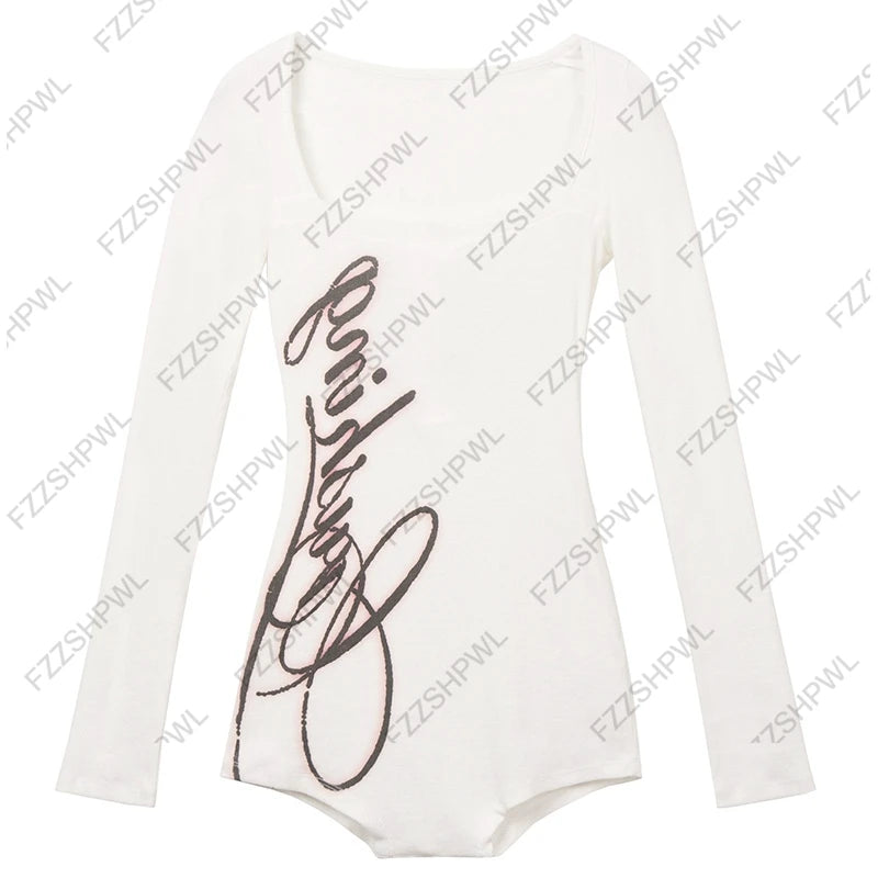 Rock Goth Chic Y2k bodysuit Harajuku Letter Print Streetwear Hiphop Body Suit Vintage Casual Long sleeve Top Punk Jumpsuit Sexy‌ - Matrix Studios