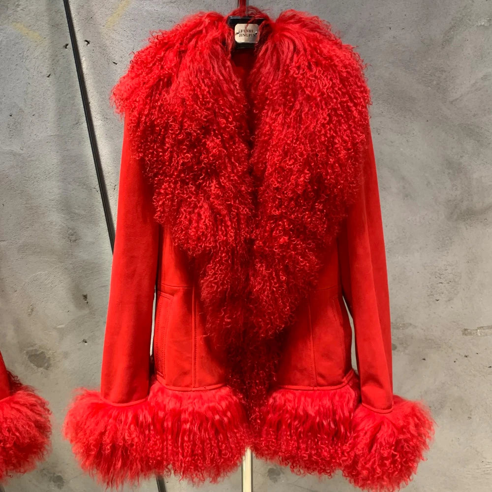 Sheep Fur Leather Coats Women Winter Luxury Mongolian Fur Leather Jackets with Long Sleeve with Natural Mongolian Fur 7251 - Matrix Studios