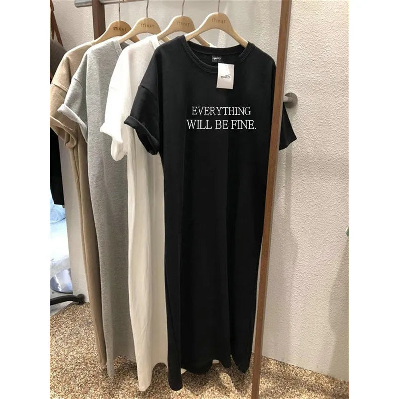 Summer Thin Plus Size Loose Short Sleeved Dress Women 2025 New Letter Printed Simple Round Neck Dress - Matrix-studios.com