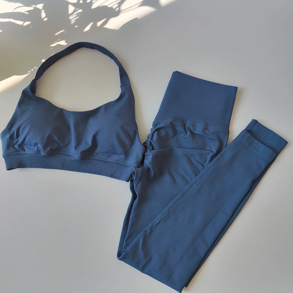 2 Pieces Women's Yoga Suit Seamless Fitness Gym Clothes Halter Sports Bra Matching Yoga Leggings for Workout Sets Gym Outfit - Matrix-studios.com