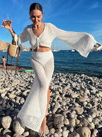 Sexy Knit Set White Cut Out Swimsuit Cover Up 2026 Women's Summer Bell Sleeve Lace-up Loose Top Beach Half Skirt Two-piece K136 - Matrix Studios