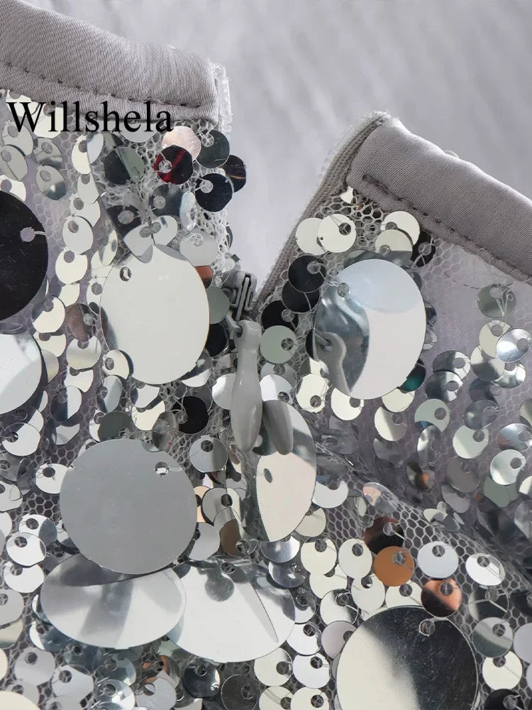 Willshela Women Fashion With Sequined Solid Side Zipper Mini Skirt Vintage High Waist Female Chic Lady Skirts - Matrix-studios.com