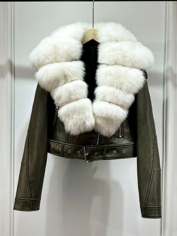 Lagabogy 2024 Big Real Fox Fur Women Vintage Pu Faux Leather Short Jacket With Belt Streetwear Female Zipper Retro Coat Outwear - Matrix Studios