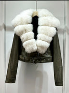 Lagabogy 2024 Big Real Fox Fur Women Vintage Pu Faux Leather Short Jacket With Belt Streetwear Female Zipper Retro Coat Outwear - Matrix Studios