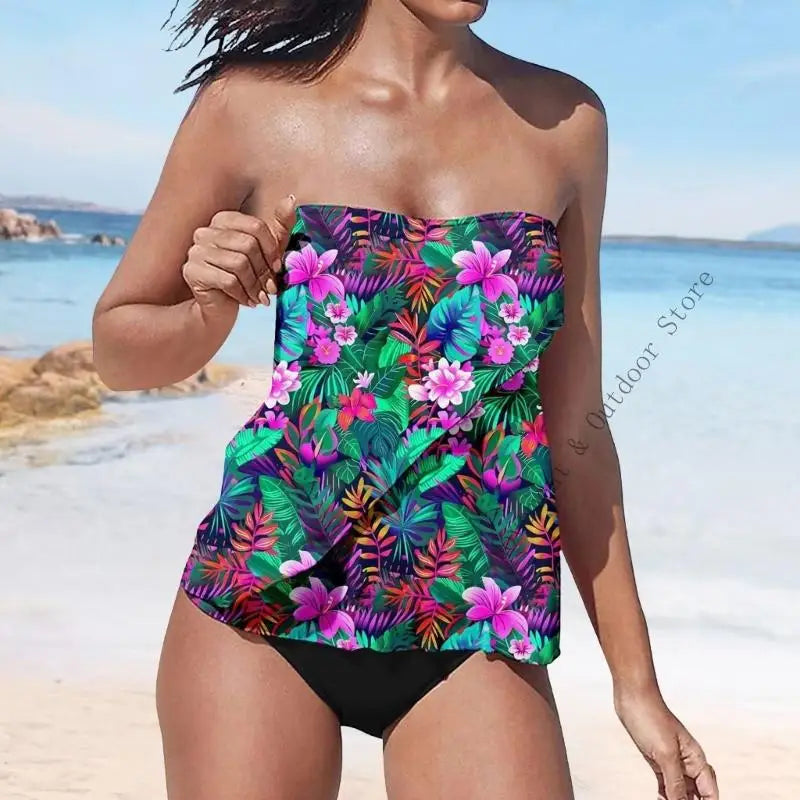 Strapless Tankini Swimsuits for Women 2 Piece Bathing Suits Bandeau Blouson Swim Top with Bottom - Matrix-studios.com