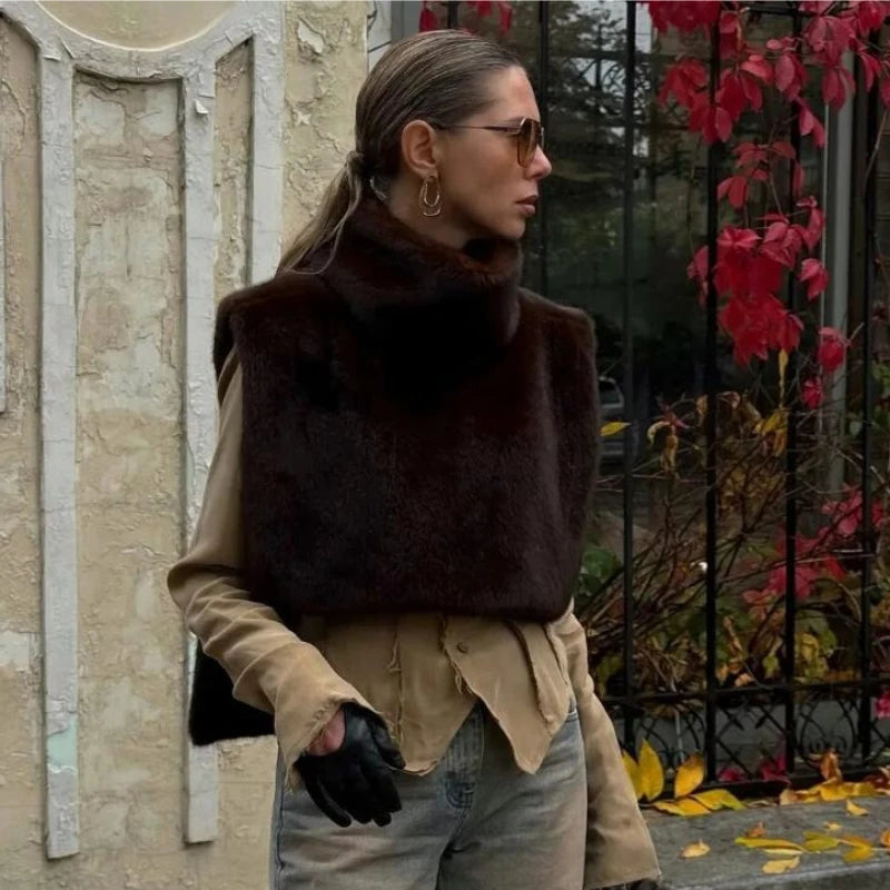 Women Casual Faux Fur Vest Chic Solid High Collar Sleeveless Loose Waist Coat Lady Fashion Daily 2025 New High Street Vests - Matrix Studios