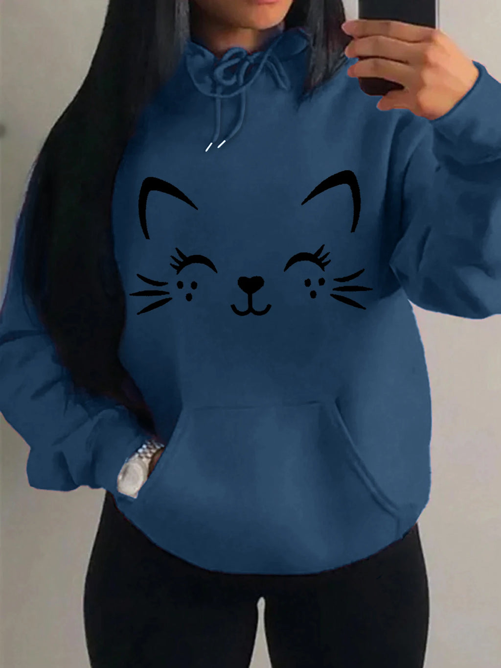 Simple Word Cat Happy Pattern Women Hoodies Fashion Casual Streetwear Personality Hip Hop Hoodie Trendy Fleece Pulloverar