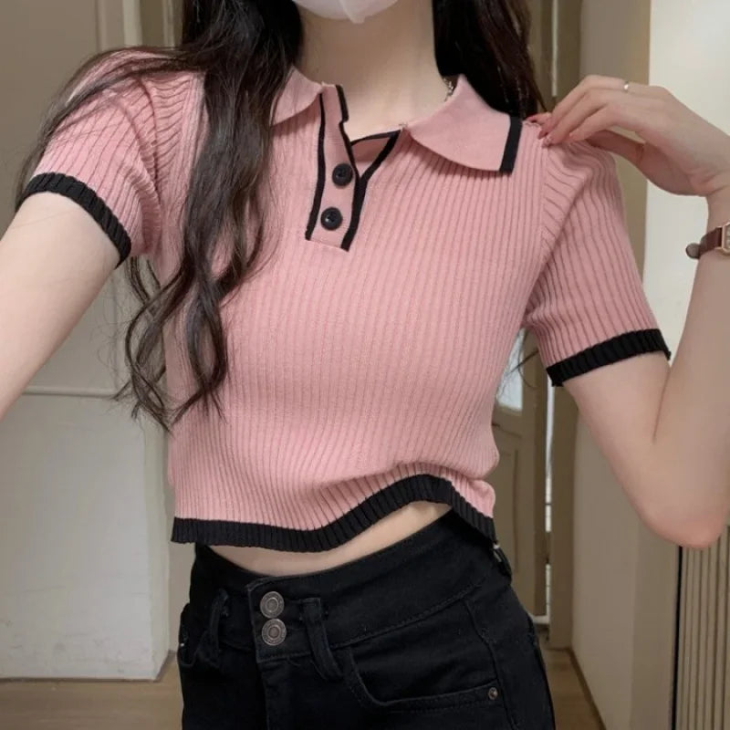 Short Sleeves Polo Collar Knitted T-shirt Women Contrast Color Rib-knit Crop Top Polo Shirt Summer SchoolGirl Preppy Outfit - Matrix-studios.com