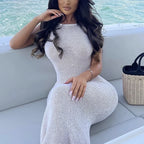 Beach Vacation Backless Long Dress, Knitted Hollow Out Sequins Beach Cover-Up, Elegant Summer Fashion for Women - Matrix Studios