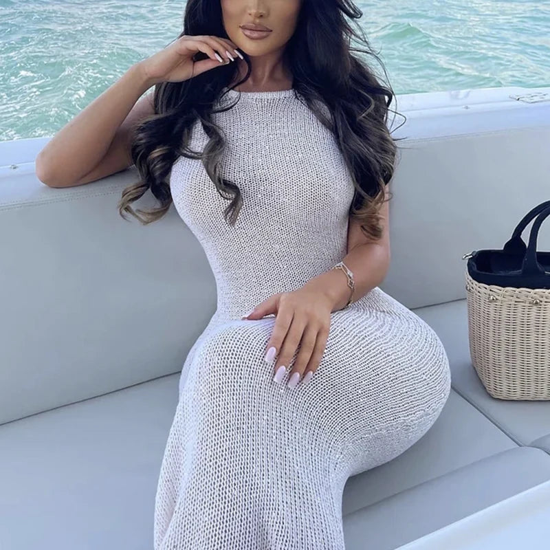 Beach Vacation Backless Long Dress, Knitted Hollow Out Sequins Beach Cover-Up, Elegant Summer Fashion for Women - Matrix Studios