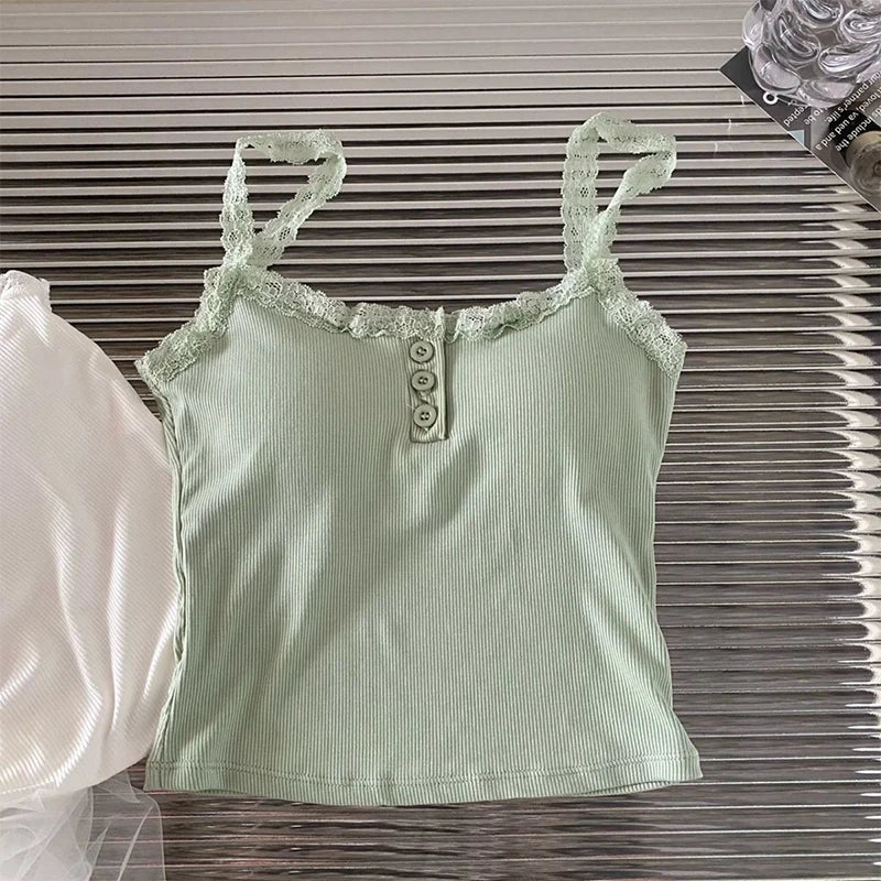 Summer Lace Strap Patchwork Camisole Women Solid Color Sleeveless Buttons Tank Top - Matrix-studios.com