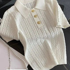 FANAN Ice Silk Polo Shirt Knitted Short Sleeve T-Shirts Lady New Chic Thin Unique Jacquard Women Tops 2025 Korean Style Clothing - Matrix-studios.com