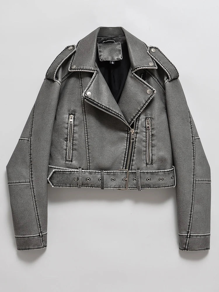 Ailegogo Women Vintage Loose Washed Faux Leather Short Jacket Streetwear Female Zipper Belt Moto Biker Retro Coat Outwear Tops - Matrix Studios