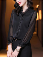 Elegant Women Chiffon Shirt Korean Blouse Office Lace Mesh Long Sleeve Ruffles V NeckTops Casual Vintage Pullovers Blusas 2022 - Matrix-studios.com
