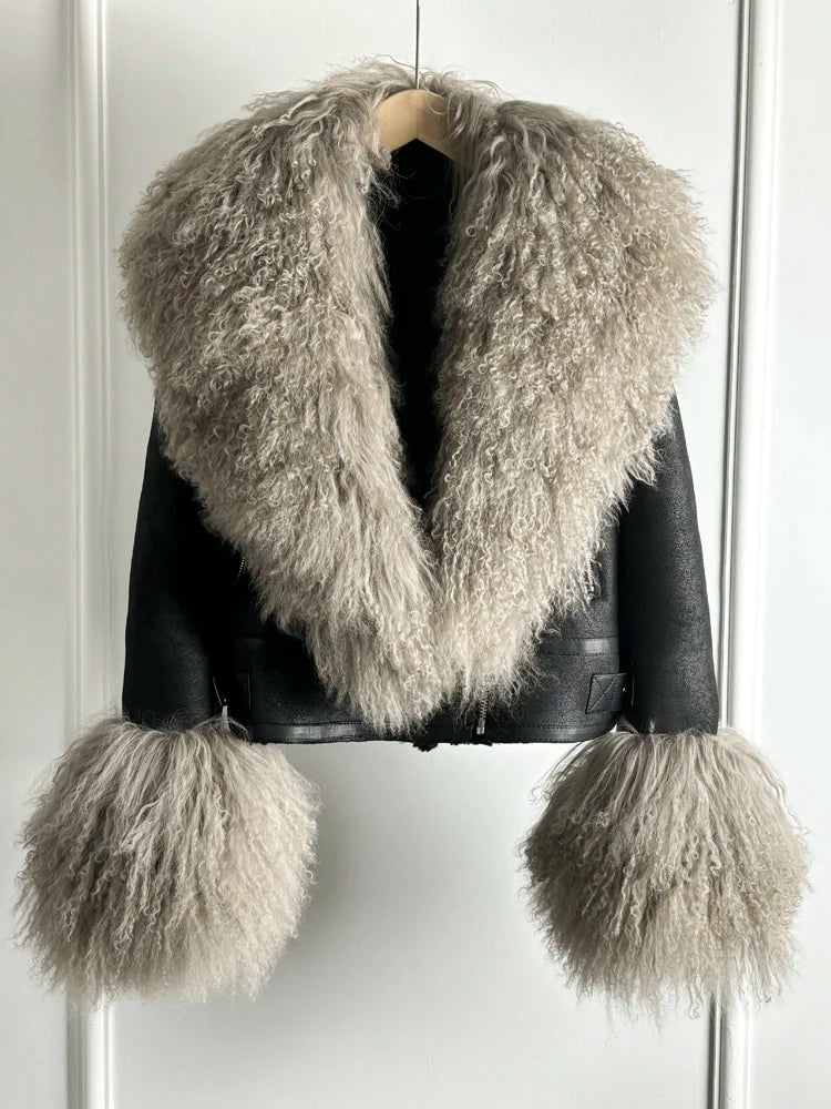 Janveny Luxury Natural Mongolian Sheep Fur Coat Women Winter Short Faux Leather Jacket Female Moto Biker Thick Outwear - Matrix Studios