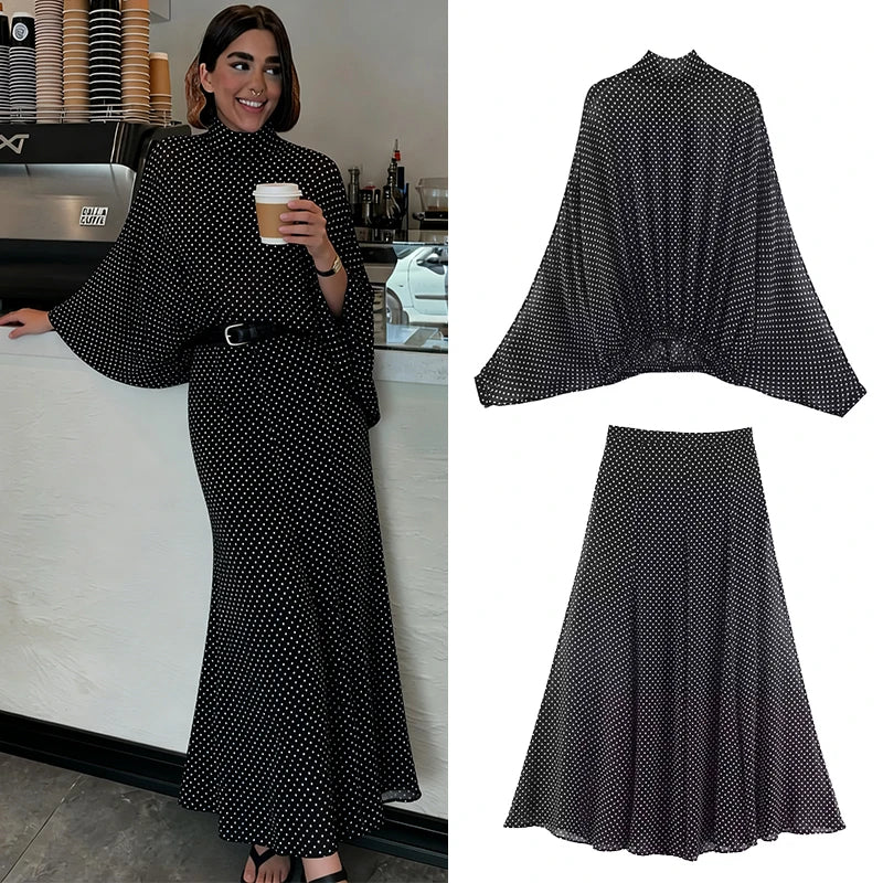 Polka Dot Printed Midi Skirts Two Piece Sets for Women 2025 Summer Chic Bow Tied Blouse Top Suits Woman 2 Piece Outfits - Matrix-studios.com