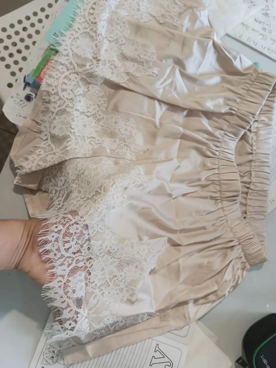 Y2k Coquette Lounge Slip Pajamas Shorts French Knickers Women Satin Silk Shorts Vintage Lace Trim Mini Micro Shorts Bottoms - Matrix Studios