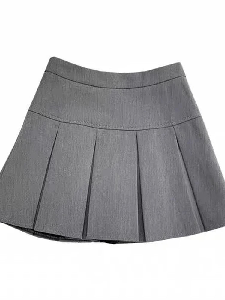 ZOKI Vintage Gray Pleated Skirt Women Kawaii High Waist Mini Skirts Korean Fashion School Uniform Harajuku Streetwear Spring - Matrix-studios.com