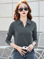 New Women Spring Summer Long Sleeve Cotton T-shirt Fashion Turn-down Collar Loose Polo Tees Simplicity Casual Basic T-shirt - Matrix-studios.com