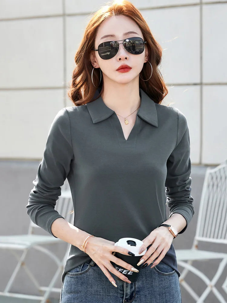New Women Spring Summer Long Sleeve Cotton T-shirt Fashion Turn-down Collar Loose Polo Tees Simplicity Casual Basic T-shirt - Matrix-studios.com