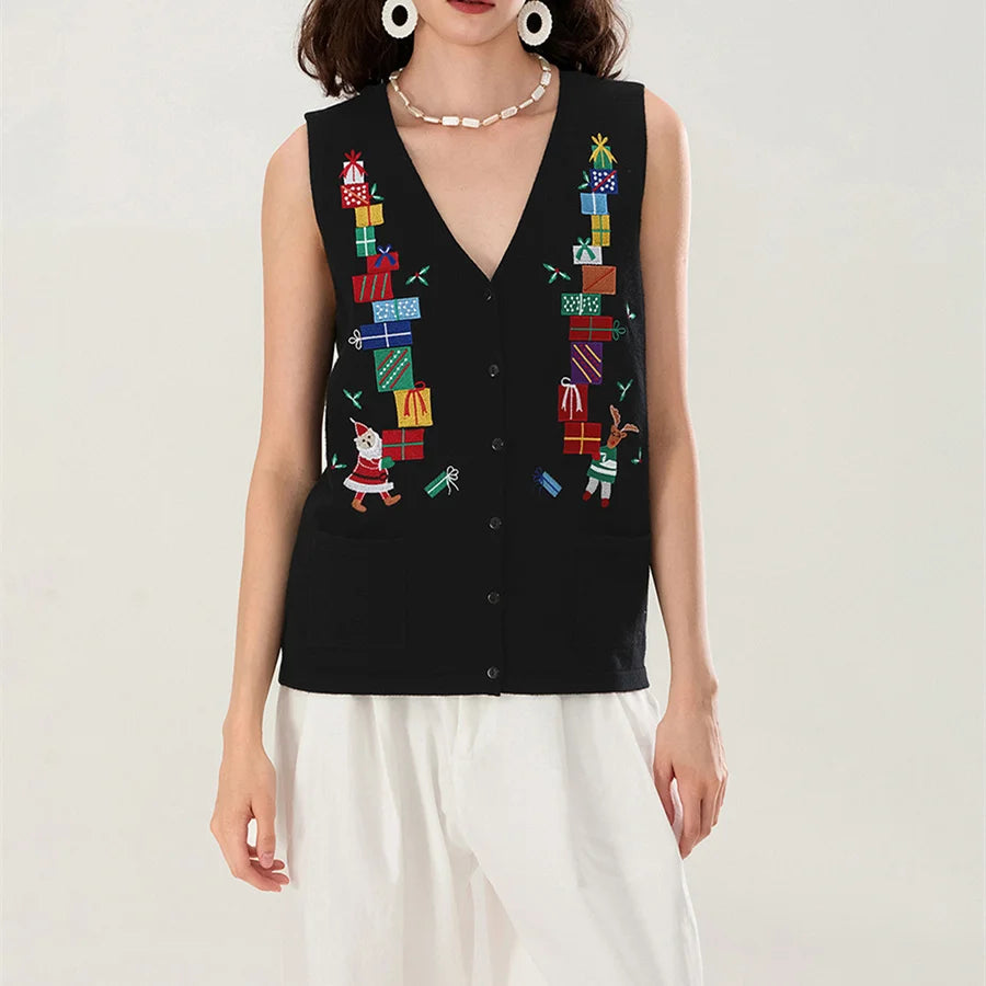 Women Christmas Sweater Vests Santa Claus Print Sleeveless Knit Cardigan Vest Christmas Holiday Tank Top Y2K Clothes - Matrix Studios