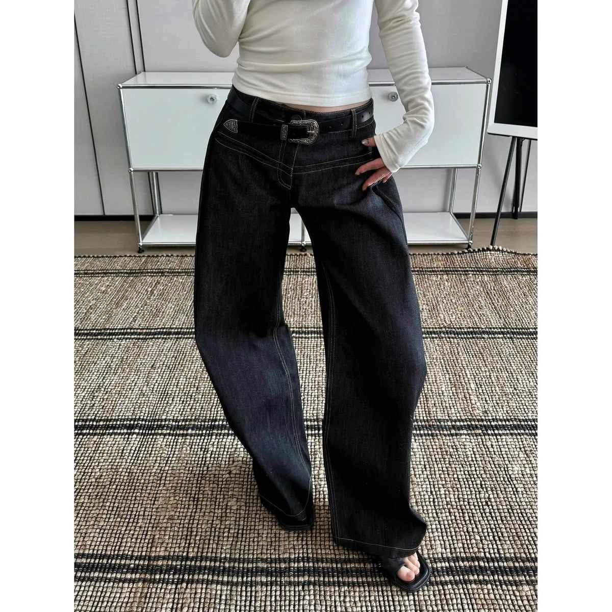 WCFCX STUDIO Y2K Baggy Denim Trouser Washed Vintage High Waist Solid Casual Minimalist Pants Grunge Oversized Street Retro Jeans - Matrix-studios.com