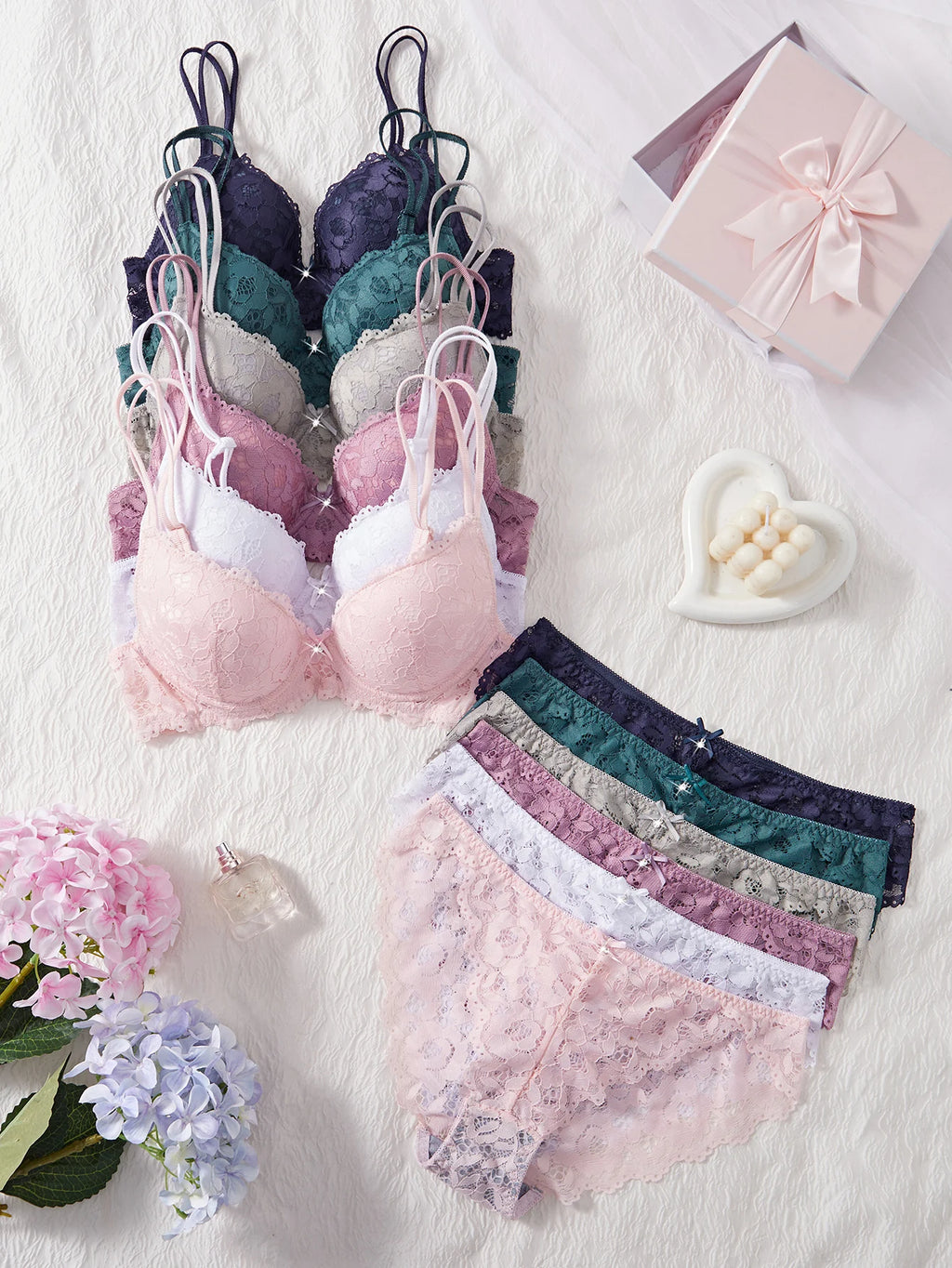 6-Piece Set Women's Bra and Panties Set Sexy Patterned Lace Patchwork No Lining Comfortable Fitting Women's Push-Up Bra Women's Underwear Set - Matrix-studios.com