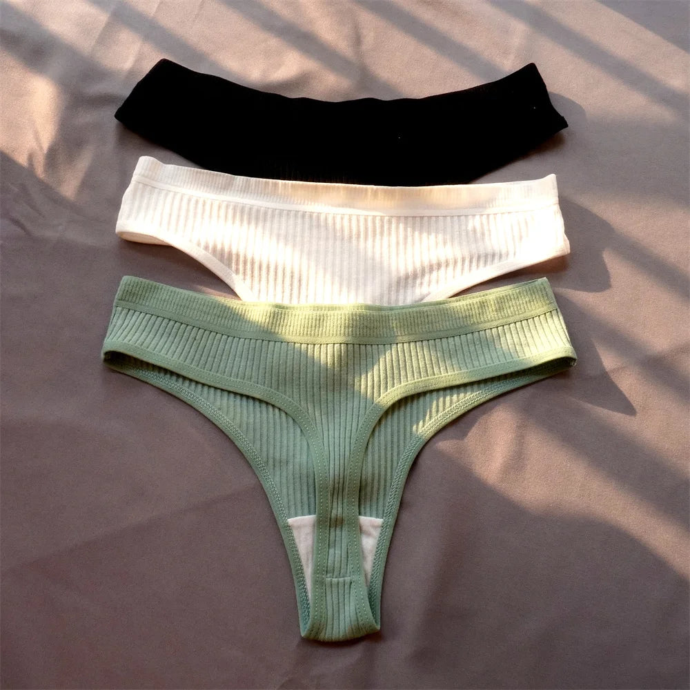 3 Pcs Seamless Ladies Ribbed Cotton Thong Simple Women's Low Waist Bikini Briefs Sports Girls Underwear Plus Size - Matrix Studios