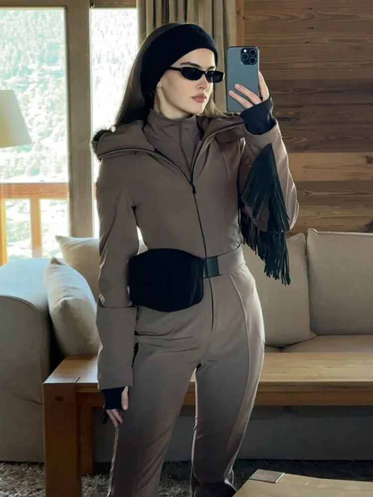 Casual Solid Tassels Women's Ski Suit Zippers Fur Hooded Slim High Waist Lady Jumpsuits 2025 Winter Fashion Female Warm Skiwear - Matrix Studios