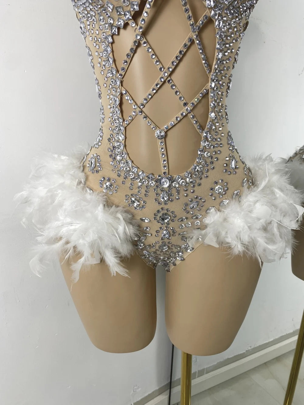 Luxury Women Sexy Shiny Crystal Feathers Hollow Out Bodysuit Nightclub Performance Dance Costume Nightclub Singer Stage Wear - Matrix Studios