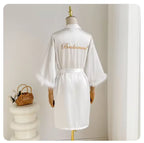 White Bride Wedding Robe with Feathers Women Satin Peignoir Sexy Bridesmids Kimono Gowns Short Bathrobe Bridal Intimate Lingerie - Matrix-studios.com