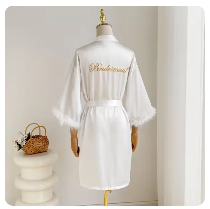 White Bride Wedding Robe with Feathers Women Satin Peignoir Sexy Bridesmids Kimono Gowns Short Bathrobe Bridal Intimate Lingerie - Matrix-studios.com