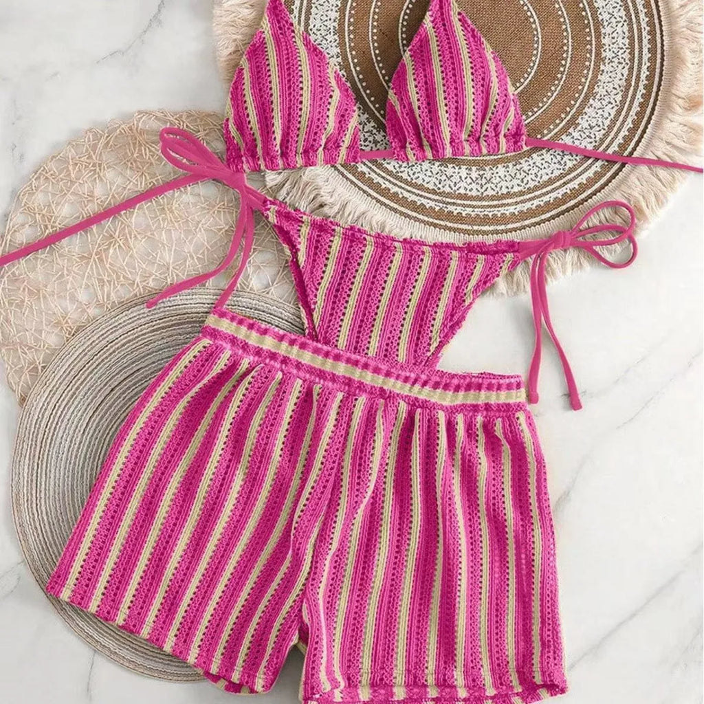 2026 new style boxer shorts mesh three-piece women's swimsuit neck lace-up bikini set - Matrix-studios.com
