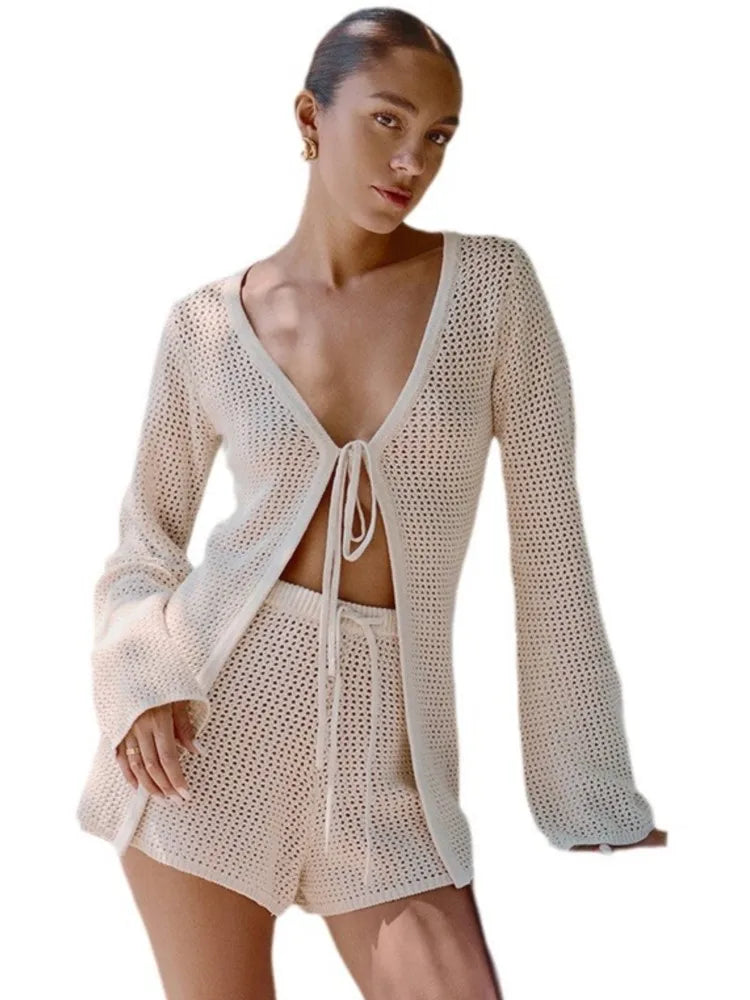 2026 Women Beach 2 Piece Sets Bikini Cover-Ups Swimsuit Tops And High Waist Shorts Sexy Ladies Swimming Cover Up Bathing Suit - Matrix Studios