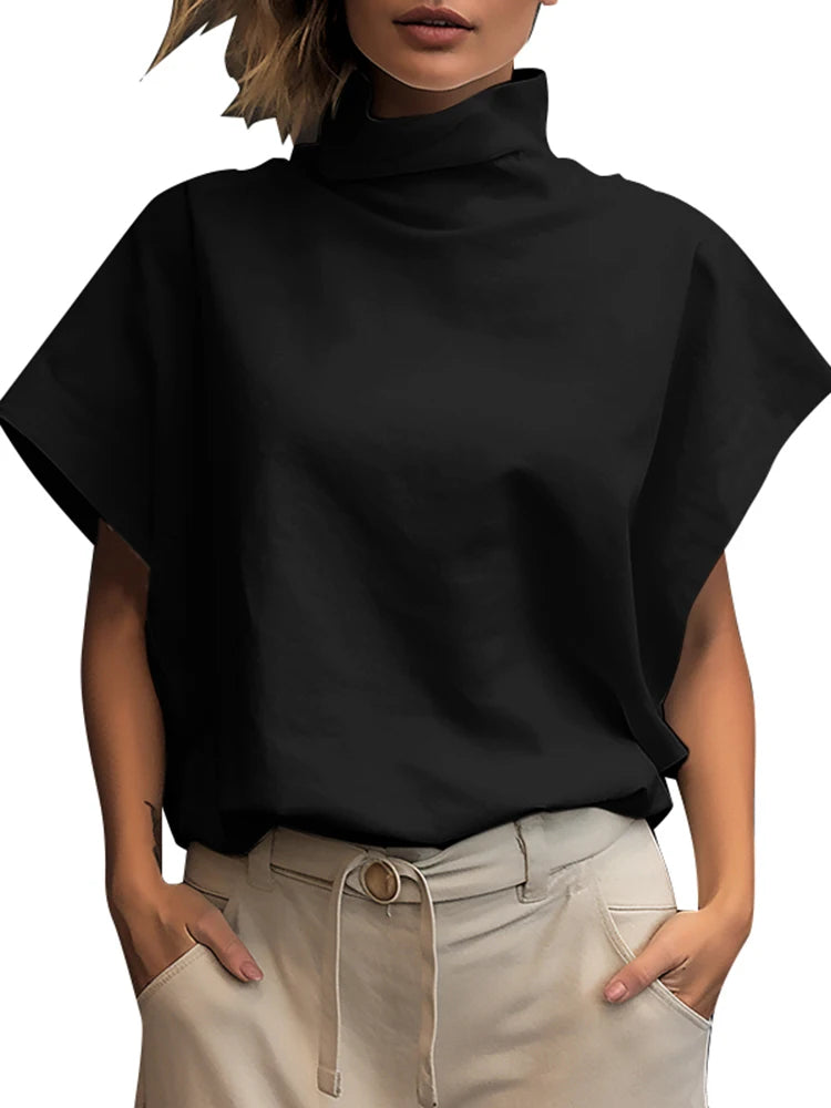 Women Fashion OL Work Shirt 2024 ZANZEA Summer Elegant Turtleneck Short Sleeve Blouse Casual Loose Office Tops Party Blusas - Matrix-studios.com