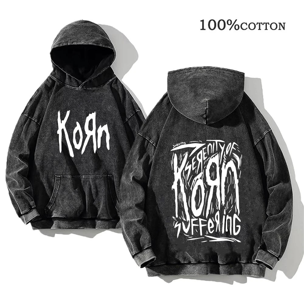 Korn Rock Band World Tour Hoodies Vintage Washed Men's Sweatshirts Cotton Hip Hop Streetwear Hooded Pullover Loose Y2K Tops - Matrix Studios