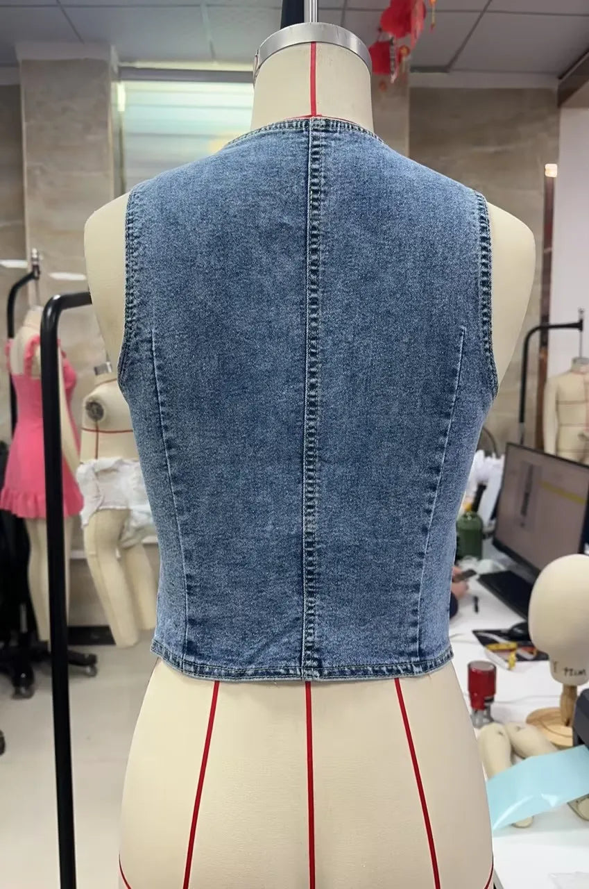 Y2K Retro Women Denim Vest V Neck Button Up Sleeveless Waistcoat Slim Fit Casual Streetwear Summer Crop Top - Matrix Studios