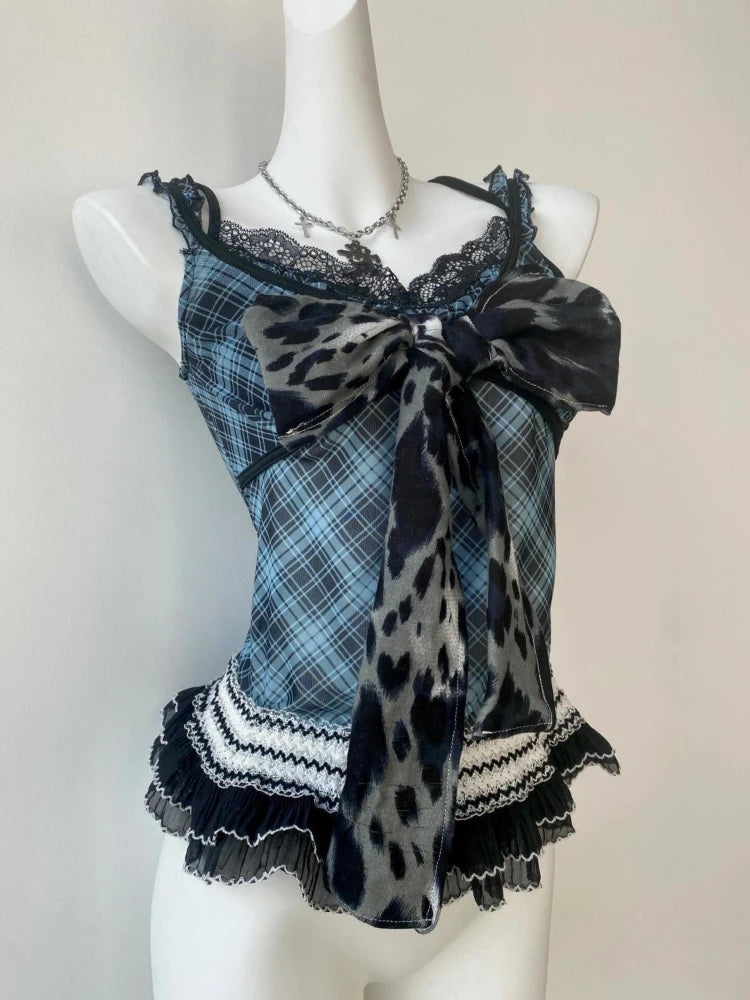 2000s American Vintage Sexy Leopard Camis Y2k Harajuku Slim Lace Patchwork Tanks Summer Streetwear Beach Party Sleeveless Tops - Matrix-studios.com
