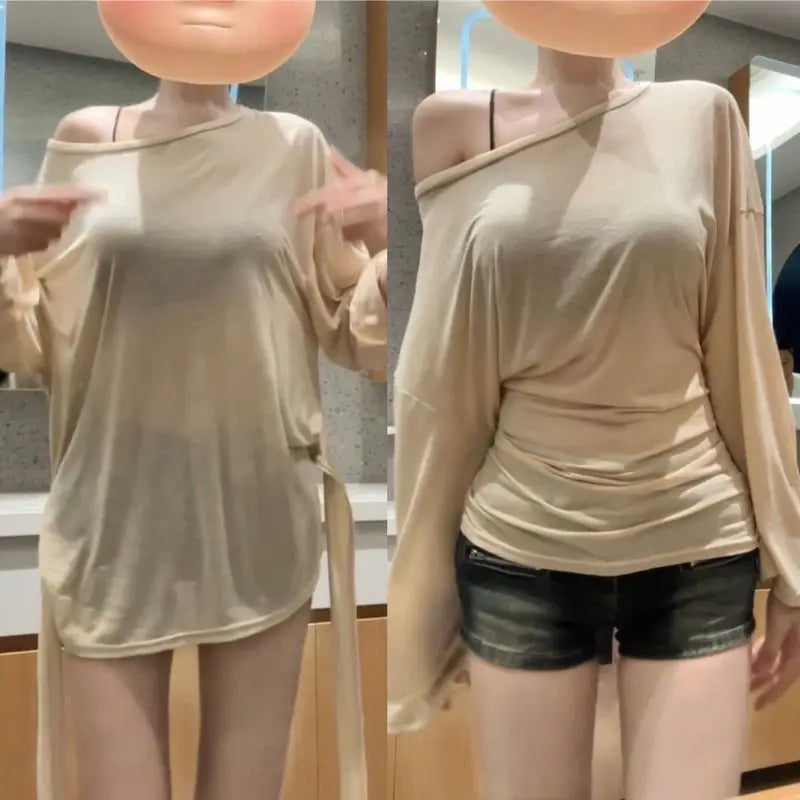 Sexy Thin See Through Long sleeve Oversize T shirt Women Bandage Off shoulder Top Female Basic Long Tees Korean Chic Lady New - Matrix-studios.com