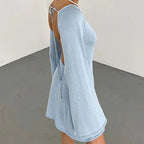 New sexy Backless Round Collar Cover-Ups Solid Color Knit Beachwear Stylish Horn Sleeve Beach suit Female Holiday wrap Dress - Matrix Studios