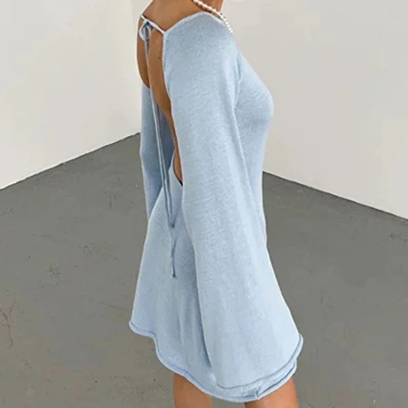 New sexy Backless Round Collar Cover-Ups Solid Color Knit Beachwear Stylish Horn Sleeve Beach suit Female Holiday wrap Dress - Matrix Studios