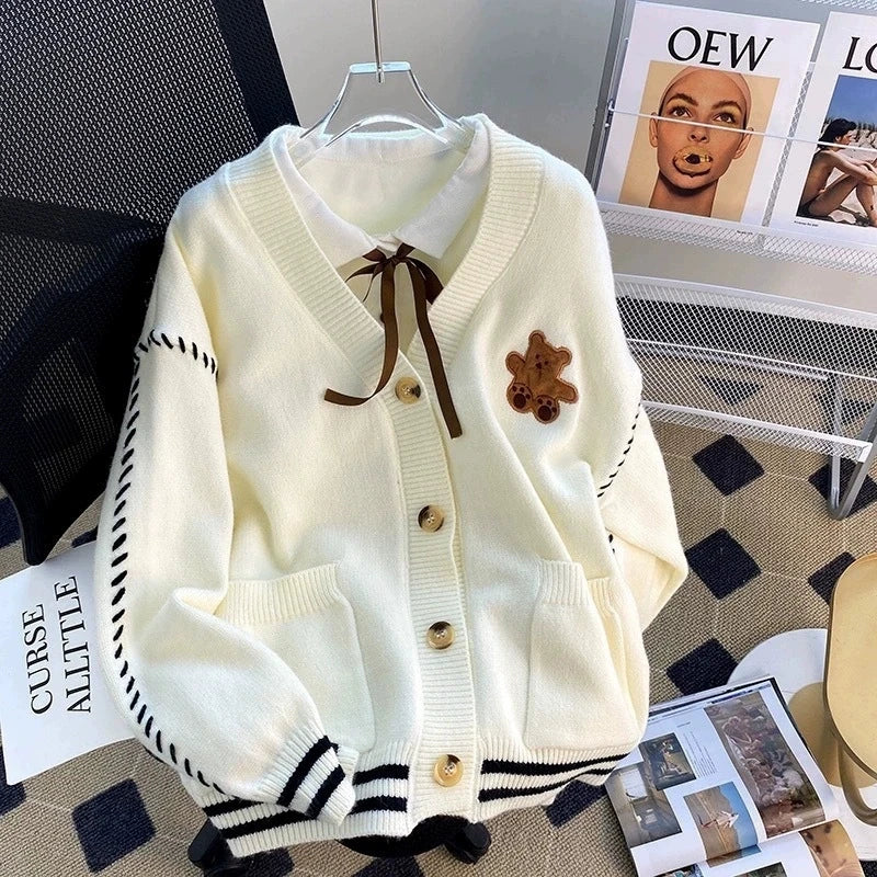 College Style Cute Cartoon Embroidery Cardigans Women Korean Stringing Fashion Sweater Jacket Japanese Style Kawaii Knitted Tops - Matrix Studios