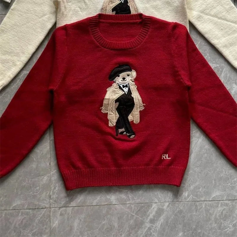 New Autumn Preppy Student Cashmere Sweater Women Cartoon Bear Embroidered O-neck Long Sleeve Pullover Top Casual Knitwear - Matrix Studios