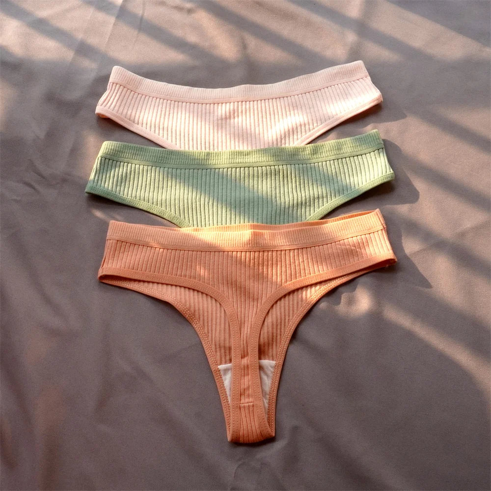 3 Pcs Seamless Ladies Ribbed Cotton Thong Simple Women's Low Waist Bikini Briefs Sports Girls Underwear Plus Size - Matrix Studios