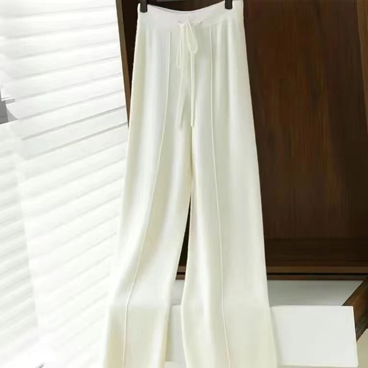 Women Merino Wool Knitted Wide Leg Pants Autumn Winter Basic Soft Warm Cashmere Knit Trousers Casual Simple Style Korean