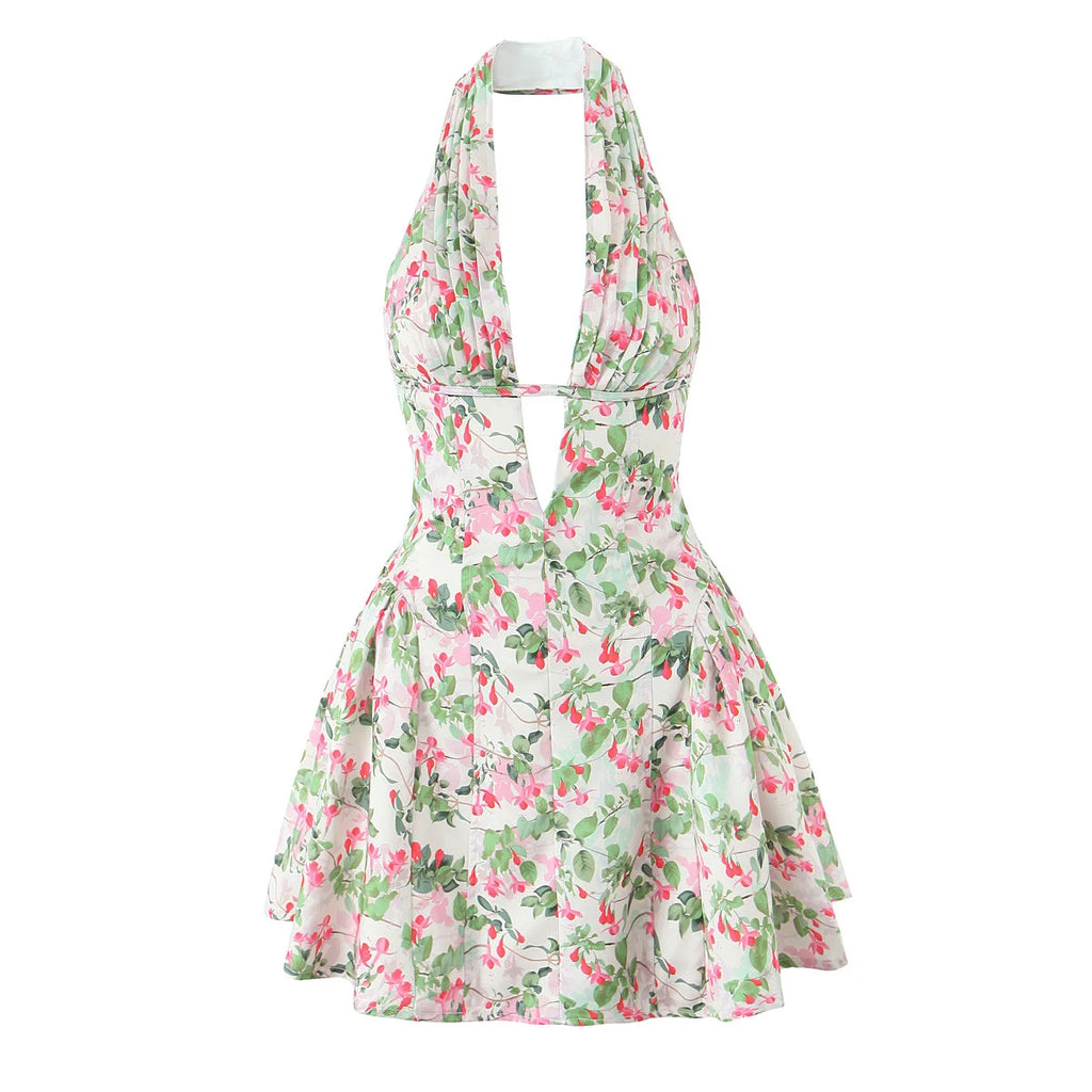 YENKYE French Style Retro Polka Dot Deep V Halter Dress Women Sexy Backless A-line Slim Sweet Elegant Mini Dresses Summer Robe - Matrix-studios.com