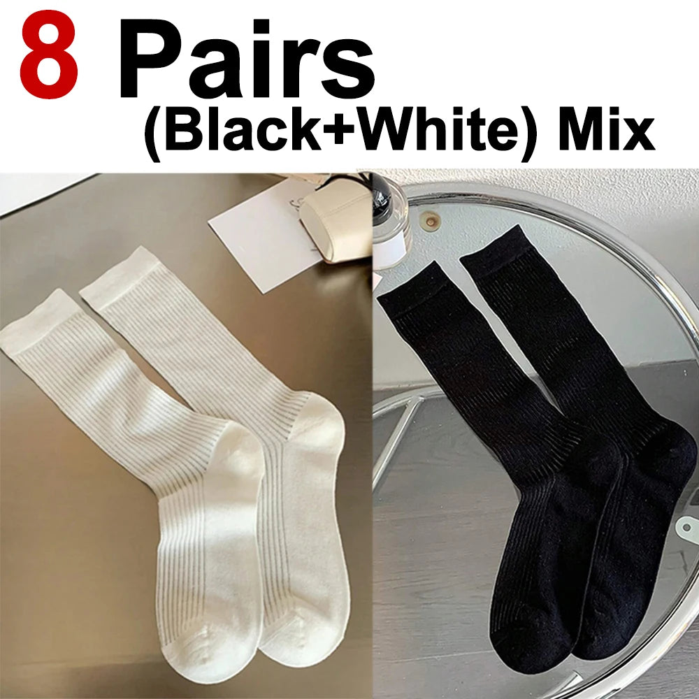4/8 Pairs Women Solid Color Striped calf Socks Fashion Korean Version Simple Spring Summer Breathable Comfortable Stacking Socks - Matrix Studios