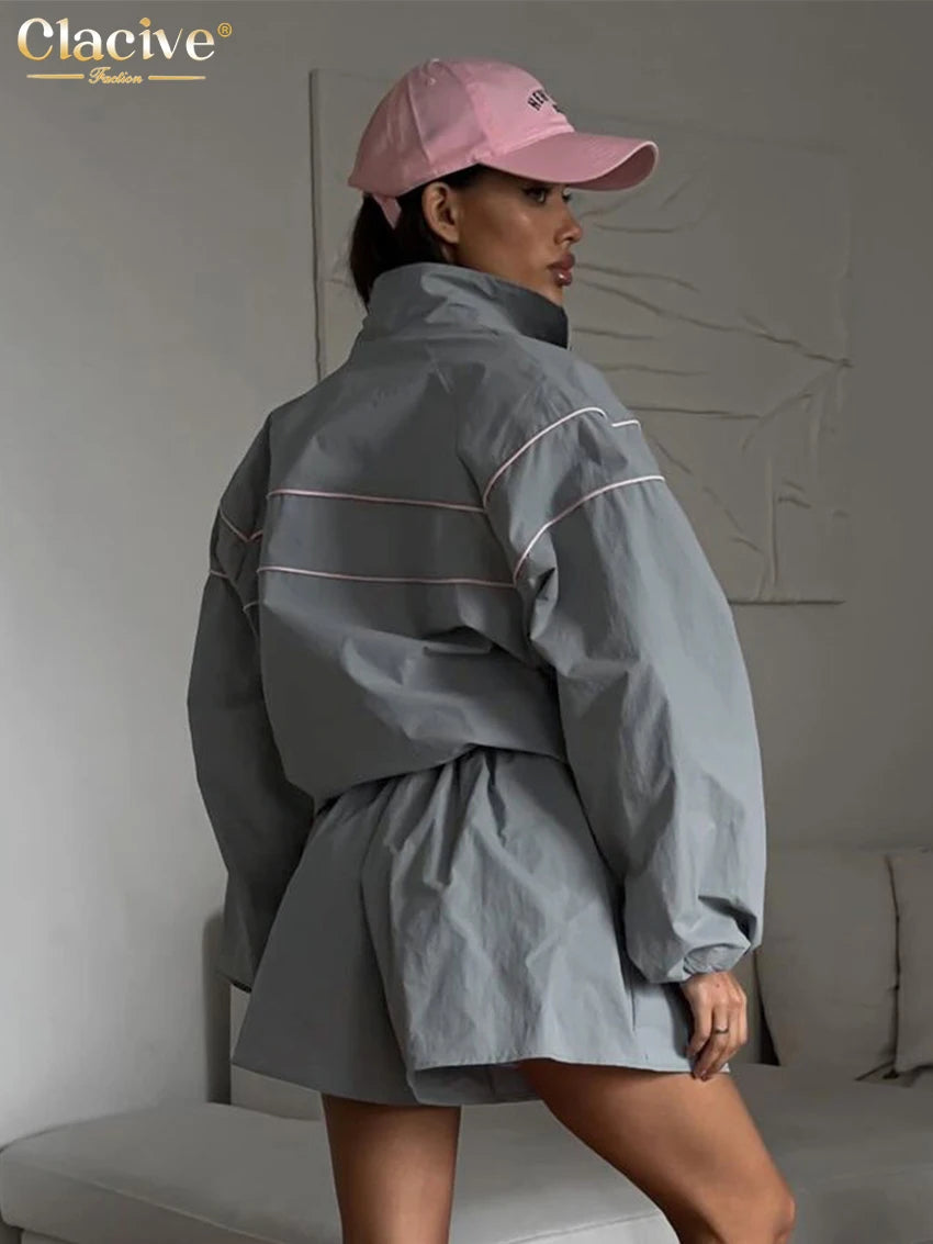 Clacive Fashion Loose Gray 2 Piece Sets Women Outfit 2024 Elegant Long Sleeve Shirt With High Waist Shorts Set Female Streetwear - Matrix-studios.com